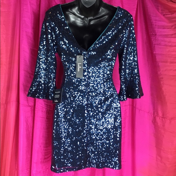 Lulus dark blue Sequin dress w/flounce sleeves NWT - Picture 5 of 7